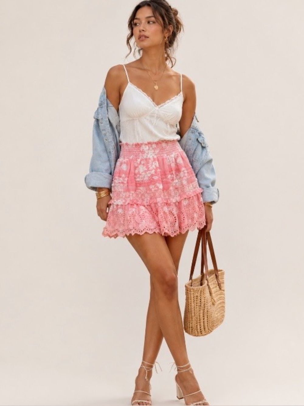 LoveShackFancy Jimena Mini Skirt XS Pink Coral Floral Eyelet Ruffle Cottagecore